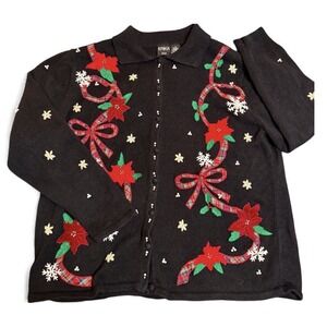 VTG Erika Woman Christmas Poinsettia Snowflake embroidered Sweater 1X